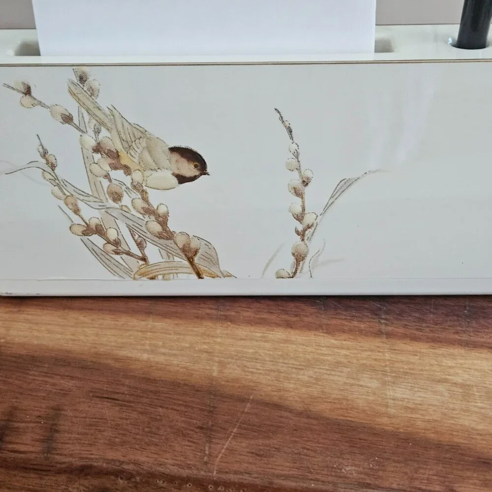 vintage lacquerware Otagiri  note and pen holder beige /gold bird/flowers